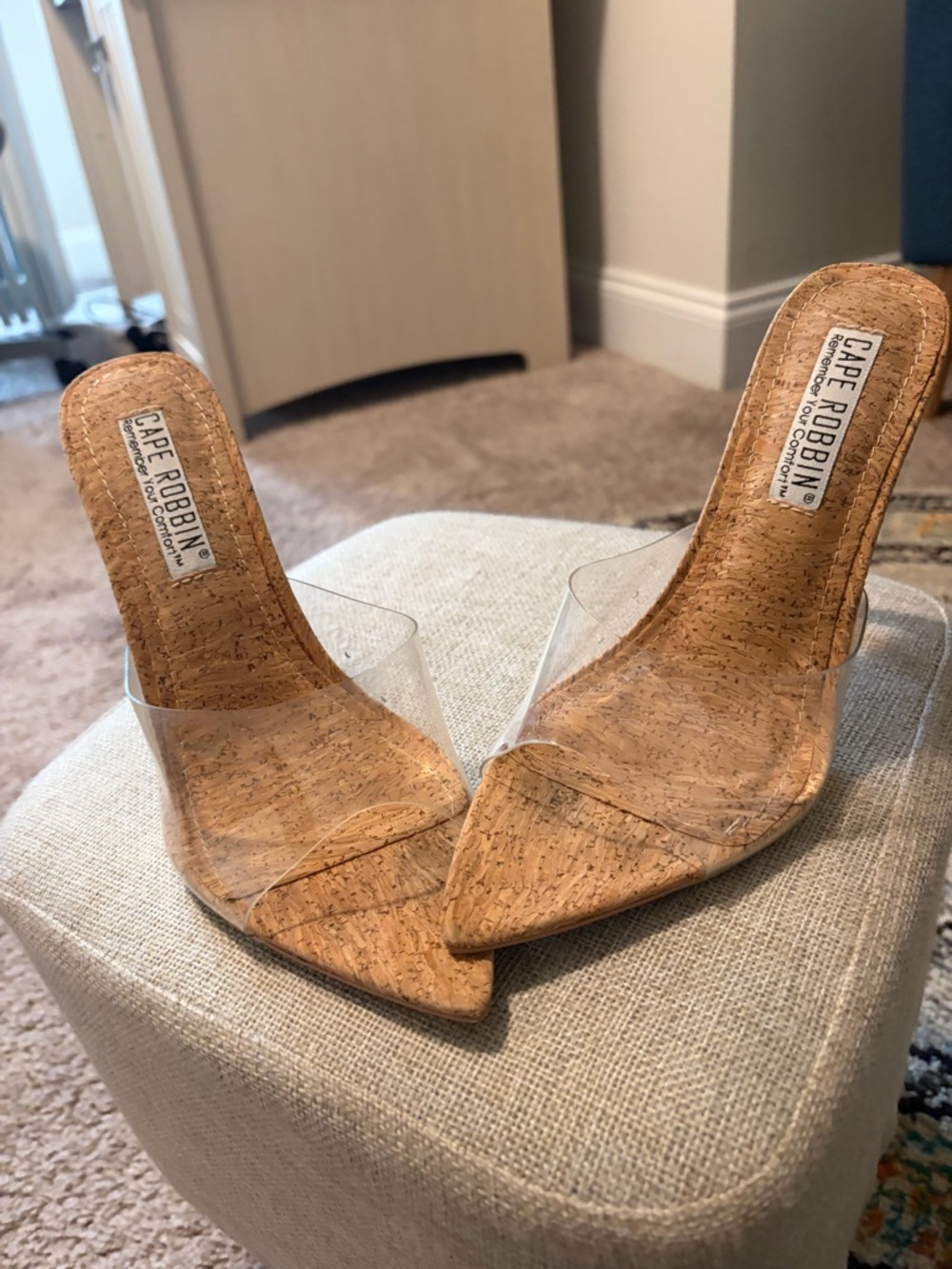 Cape Robbin Cork Pointed Toe Mule with Clear Strap - Cork/Transparent